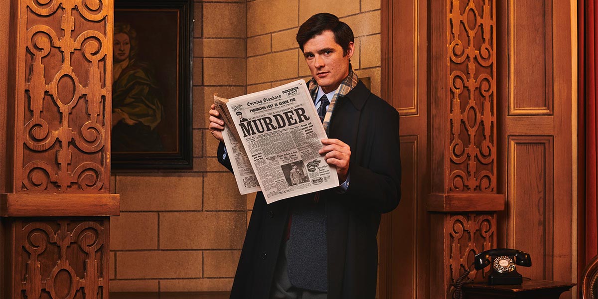 A scene from "The Mousetrap" featuring actors on stage, with dramatic lighting and period costumes.