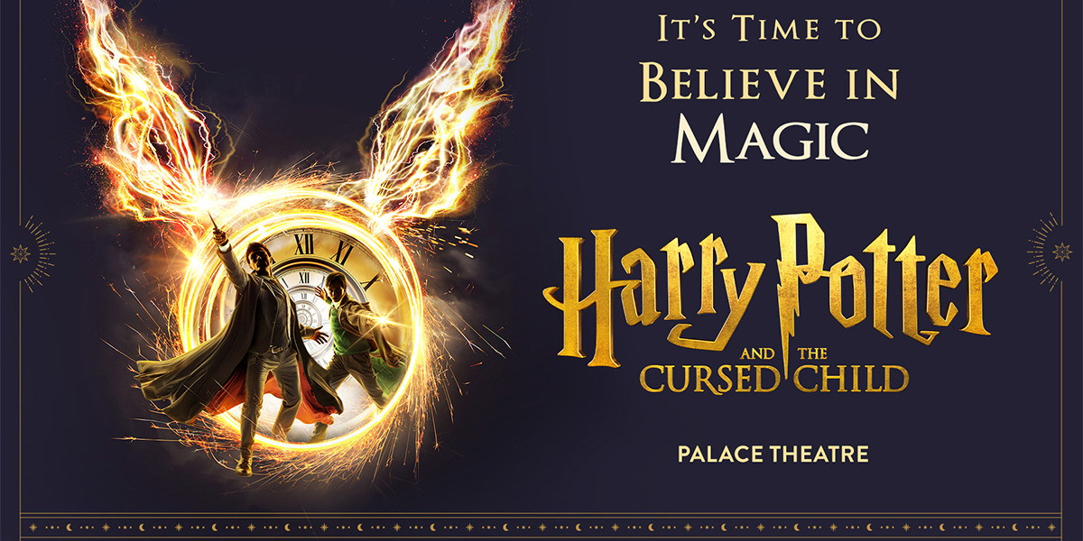 The background is navy blue. On the left is an image of two people, one is holding a wand into the air. They are surrounded by a circle of fire. On the right it reads 'Harry Potter And The Cursed Child'