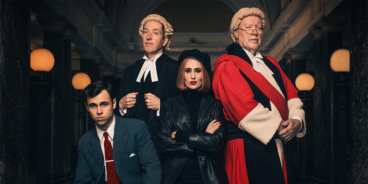 A courtroom scene with a judge in robes, a witness on the stand, and spectators in the background.