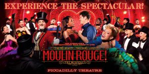 A vibrant scene from Moulin Rouge! The Musical, featuring performers in colourful costumes on stage.
