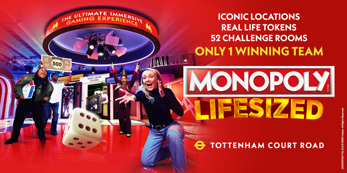 The background is red. On the right it reads 'Monopoly Lifesized' on the left is an image of people playing monopoly, there is a dice being thrown.