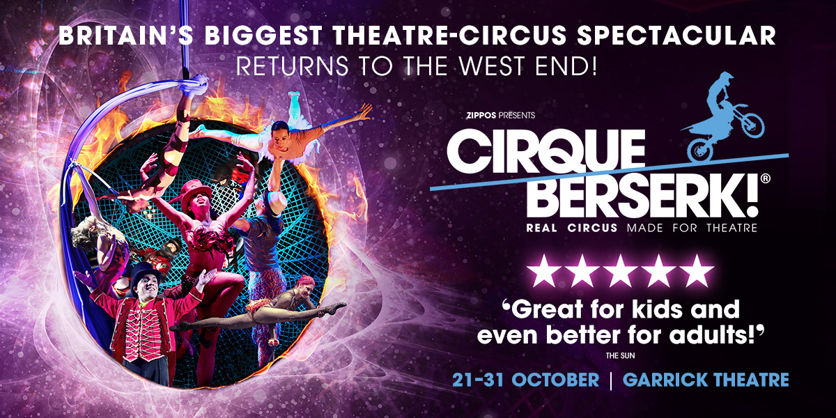 A vibrant circus scene featuring performers in colourful costumes, with dramatic lighting and an audience in the background.