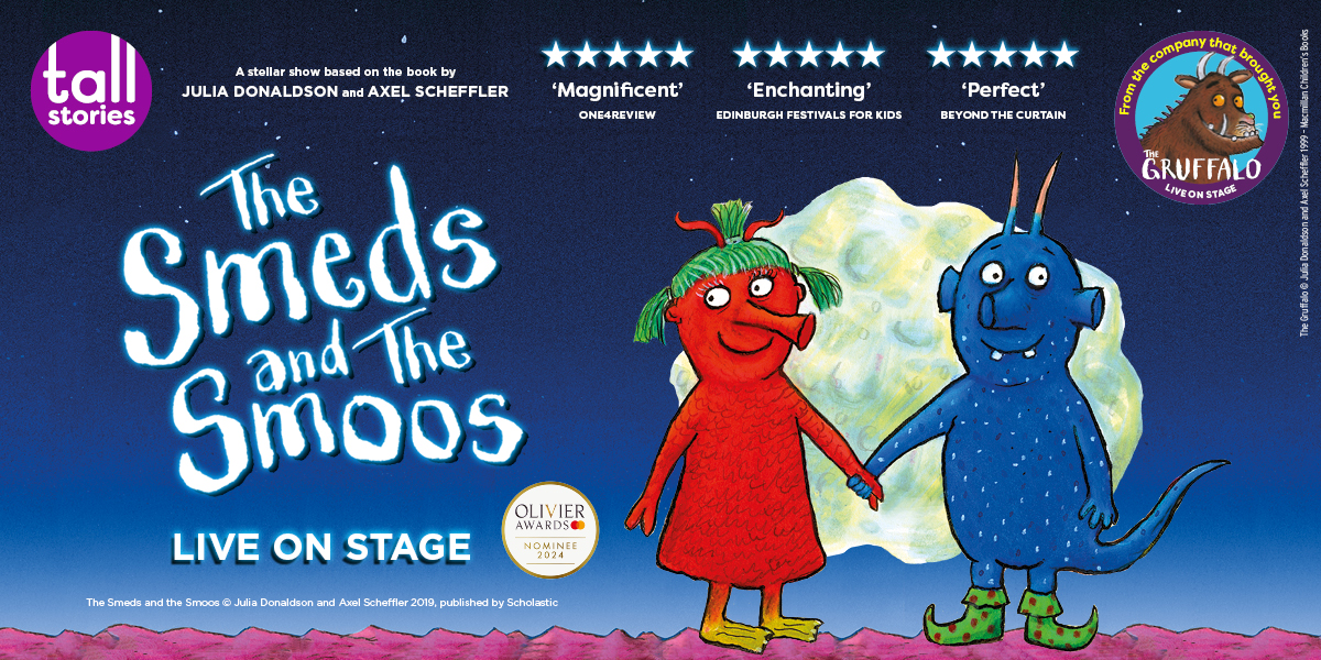 The background is blue. On the left it reads 'The Smeds And The Smoos' on the right is an image of a Smed And A Smoo.