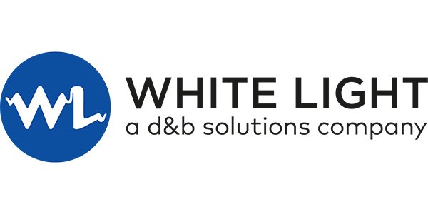 Logo for White Light, a d&b solutions company, featuring blue and black text on a white background.