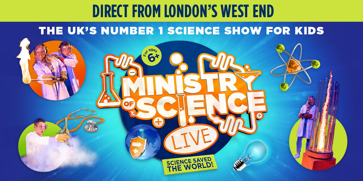 The background is blue. In the centre it reads 'Ministry Of Science Live!' in white letters with an orange border. There are images of test tubes and people doing science experiments dotted around.
