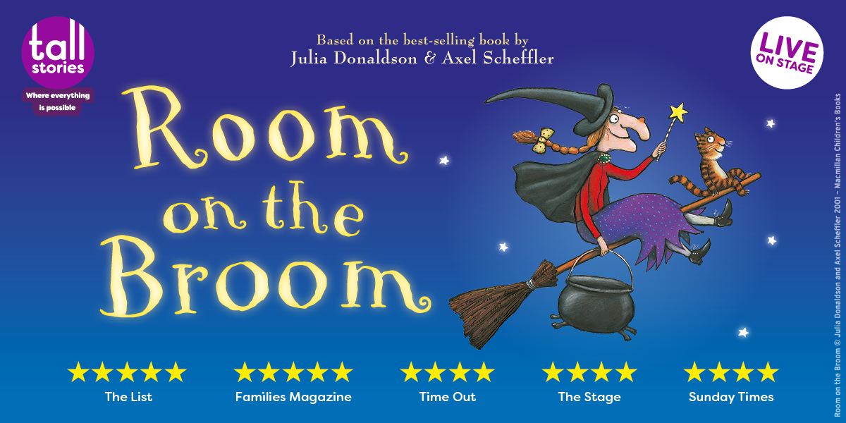 A whimsical illustration featuring a witch, a cat, a dog, and a bird flying on a broomstick.