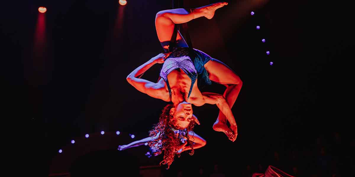 Aerial performer suspended upside down, showcasing strength and flexibility, illuminated by dramatic red stage lights.