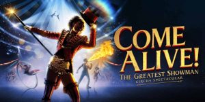A vibrant circus scene featuring performers in colourful costumes, juggling, and acrobatics under bright lights.