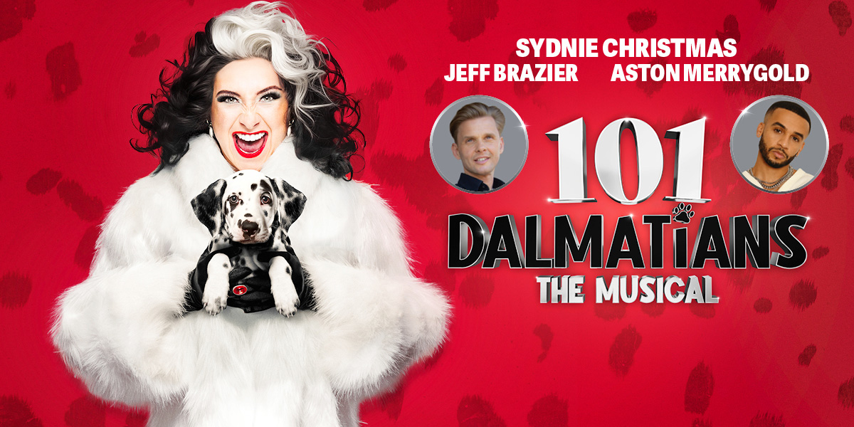 The background is red. On the left is an image of Cruella De Vil