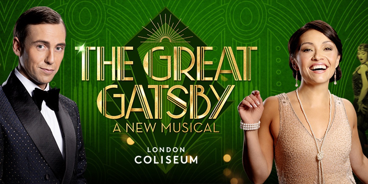 The background is green. In the centre it reads 'The Great Gatsby' in gold lettering. On the left is an image of a person wearing a black suit and tie. On the right is an image of a person wearing a beige sparkly dress.