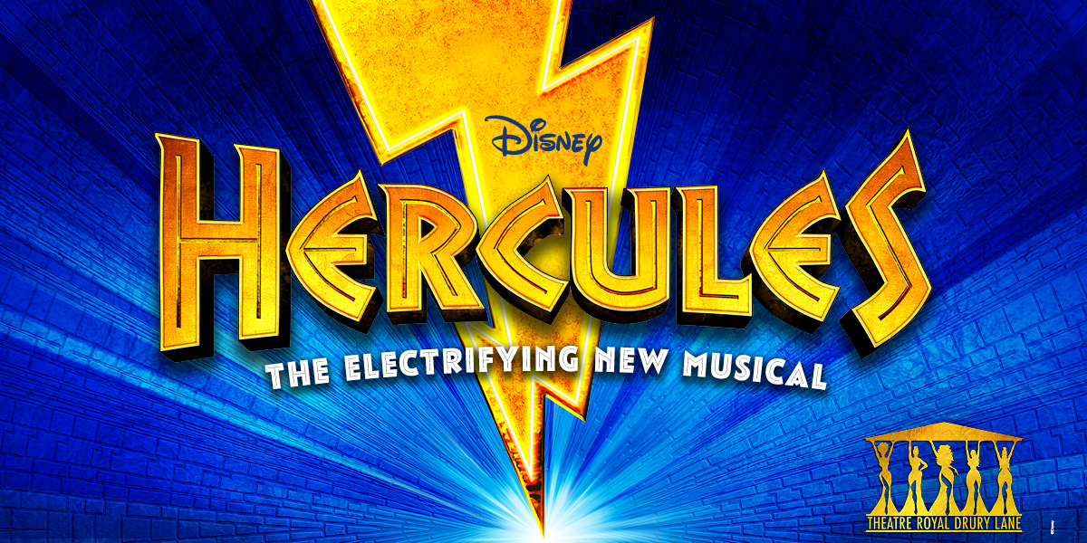Promotional image for "Disney's Hercules: The Electrifying New Musical," featuring the show's title in bold yellow font, with a vibrant blue brick background and a striking lightning bolt graphic.