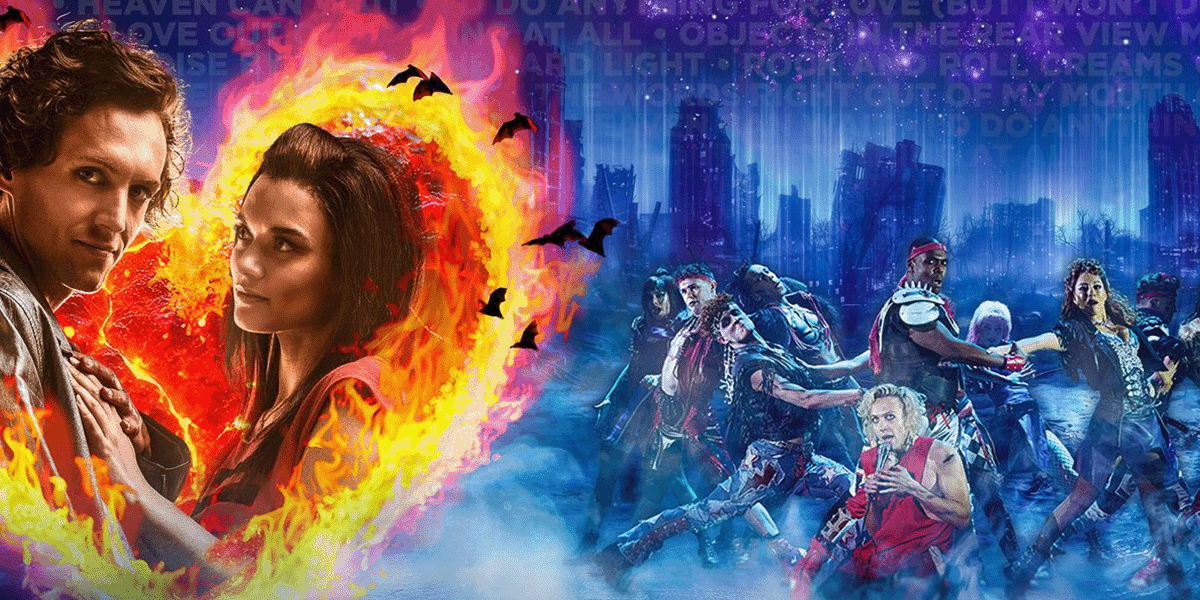 On the left two people are inside of a heart shaped fire. On the right the ensemble dances.