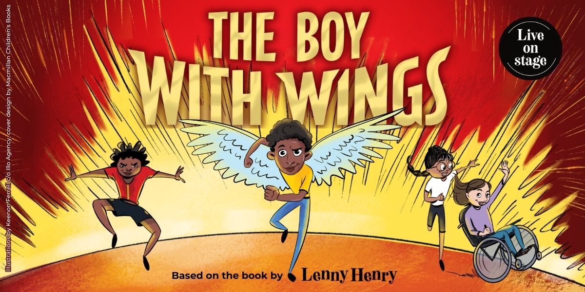 The background is red. At the top centre it reads 'The Boy With Wings' underneath is a cartoon image of four people. On the left is a cartoon person wearing a red t-shirt and black shorts. Next is a person wearing a yellow t-shirt, blue jeans and has white wings. Then is a person with a long ponytail and glasses. They are wearing a white t-shirt and black shorts. Last is a person who is sitting in a wheelchair. They have mid-length, straight, brown hair and are wearing a lilac t-shirt and blue jeans.