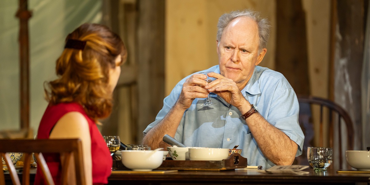 John Lithgow (Roald Dahl) is seated at a table looking at Aya Cash (Jessica Stone)