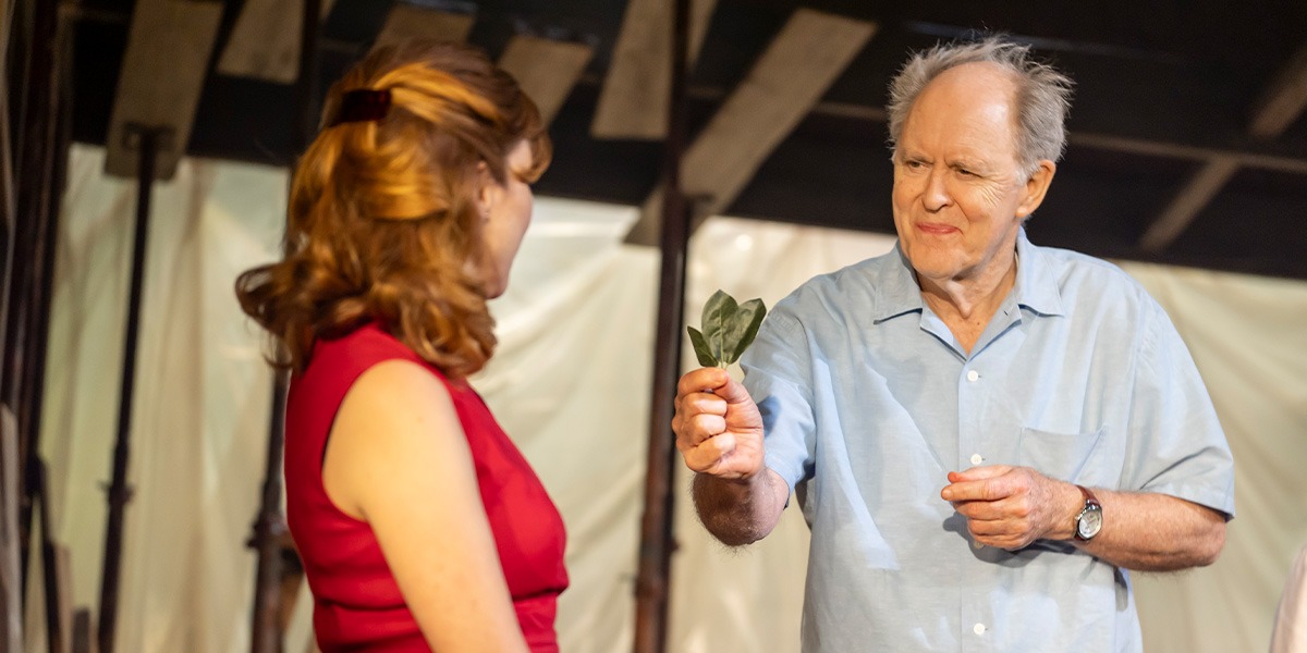 John Lithgow (Roald Dahl) is holding out a dark green, shiny leaf to Aya Cash (Jessica Stone)