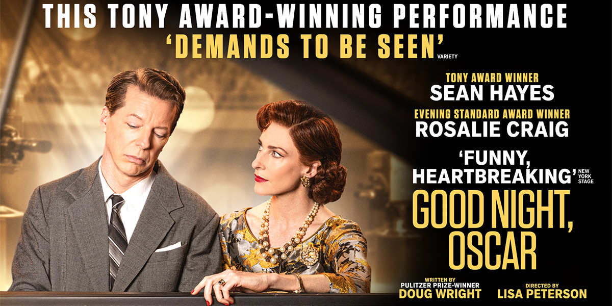 The background shows an images of two people side-by-side, the person on the left is wearing a grey suit, white shirt and black tie, the person on the right is wearing a multi-coloured dress with a small, ruffled collar. On the right it reads 'Good Night, Oscar'