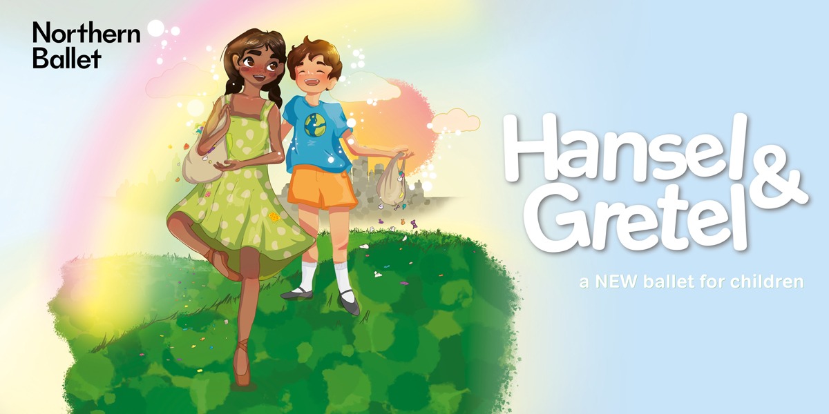 The image is a cartoon. In the background of an image is the sky, on the left a faint rainbow can be seen. In the centre are two people. The person on the left has dark brown hair, styled in two plaits on either side. They are wearing a pale green dress with pale beige markings. This person is also holding a beige bag under their right arm. The person on the right has short mid-brown hair, they are wearing a pale blue t-shirt with a globe in the centre and orange shorts. They have white socks on which come just below the knee and black shoes with a strap at the front. On the right it reads 'Hansel And Gretel'