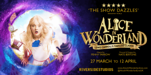 Alice, wearing a blue dress, stands in a vibrant, whimsical garden surrounded by oversized flowers and mushrooms.