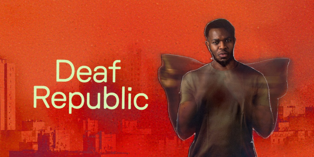 The background is orange. There is a faint sketch of a city skyline. On the left of the image is the title - 'Deaf Republic' - in white lettering. On the right is a man wearing a brown shirt. His face is visible but his hands appear blurred, held up near his chest. There is a brown shape behind him, that makes it look like he has wings.