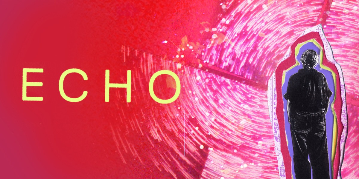 There is a red background. On the left of the image, in yellow lettering, is the title 'ECHO'. On the right of the image is a black silhouette of a person. Surrounding that silhouette is the jagged shapes of the silhouette in different colours (purple, yellow, red and white). Surrounding that is a swirling image of white paint, with dots all inside it. That image has cracks through it.
