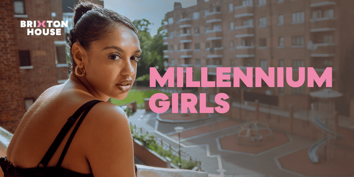 On the left is an image of a person sitting down. They have dark hair which is tied up into a bun. On the right it reads 'Millennium Girls' in pink writing.