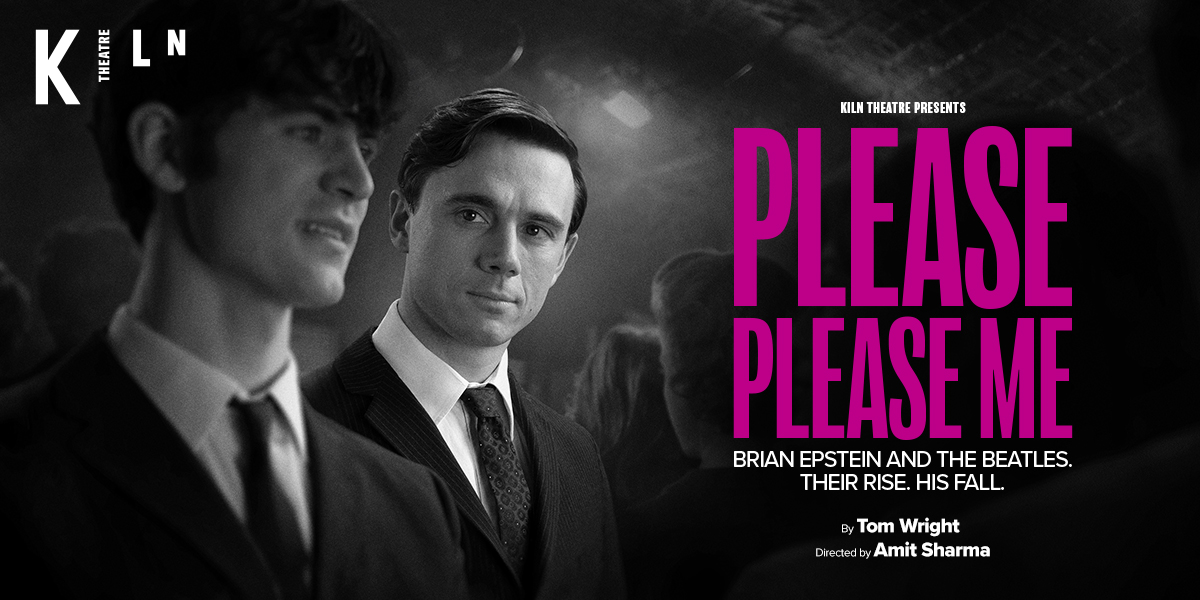 A black and white image shows two people in smart attire standing side by side. On the right it reads 'Please Please Me'.