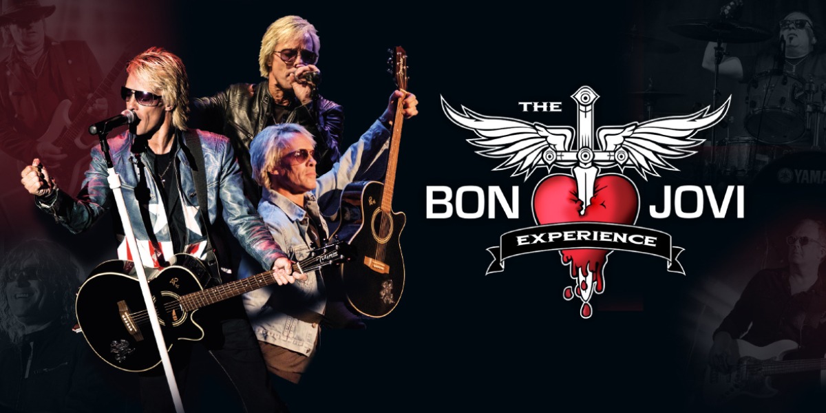 Promotional image for The Bon Jovi Experience featuring musician performing live playing guitars and singing, with a graphic of a winged sword piercing a red heart and text on the right side.