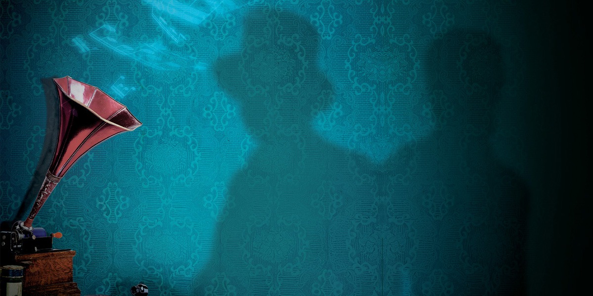 There is a light blue background, with wallpaper pattern. To the left of the image is a gramaphone with music notes coming out of it. To the right is the shadows of two men. The one on the left is wearing a top hat. The one on the right is slightly more in darkness.