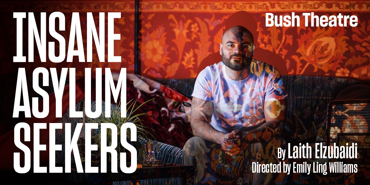 On the left it reads 'Insane Asylum Seekers' on the right is an image of a person with short hair, wearing a white t-shirt. There is a light projector which is projecting orange, blue and green leaf and flower patterns onto the person.