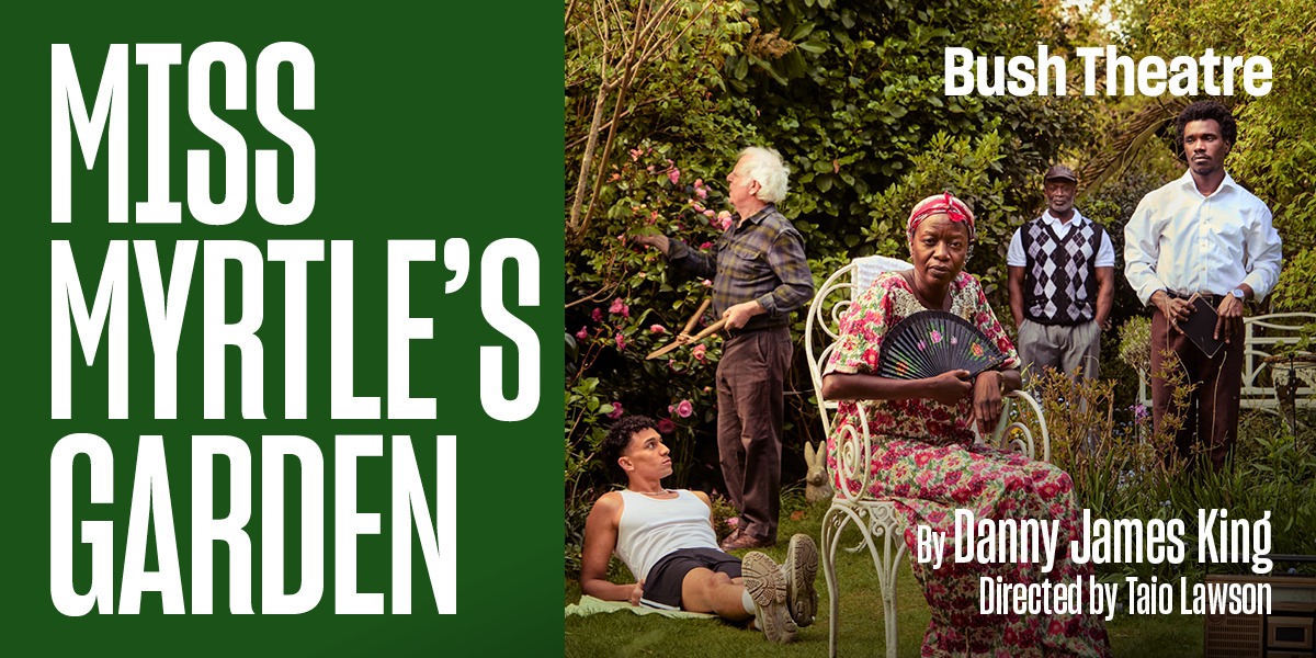 A diverse group of people in a lush garden, with one seated in a patterned dress.