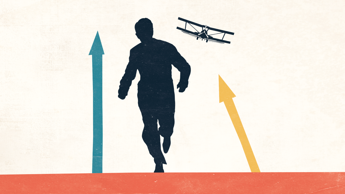 There is a cream background. At the bottom of the image is an orange line. In the middle of the image is a silhouette of a man, running. To the left of him is a blue arrow, pointing upwards. To the right is a yellow arrow at a slight angle. To the right of the head of the man, is a silhouette of a crop duster plane.