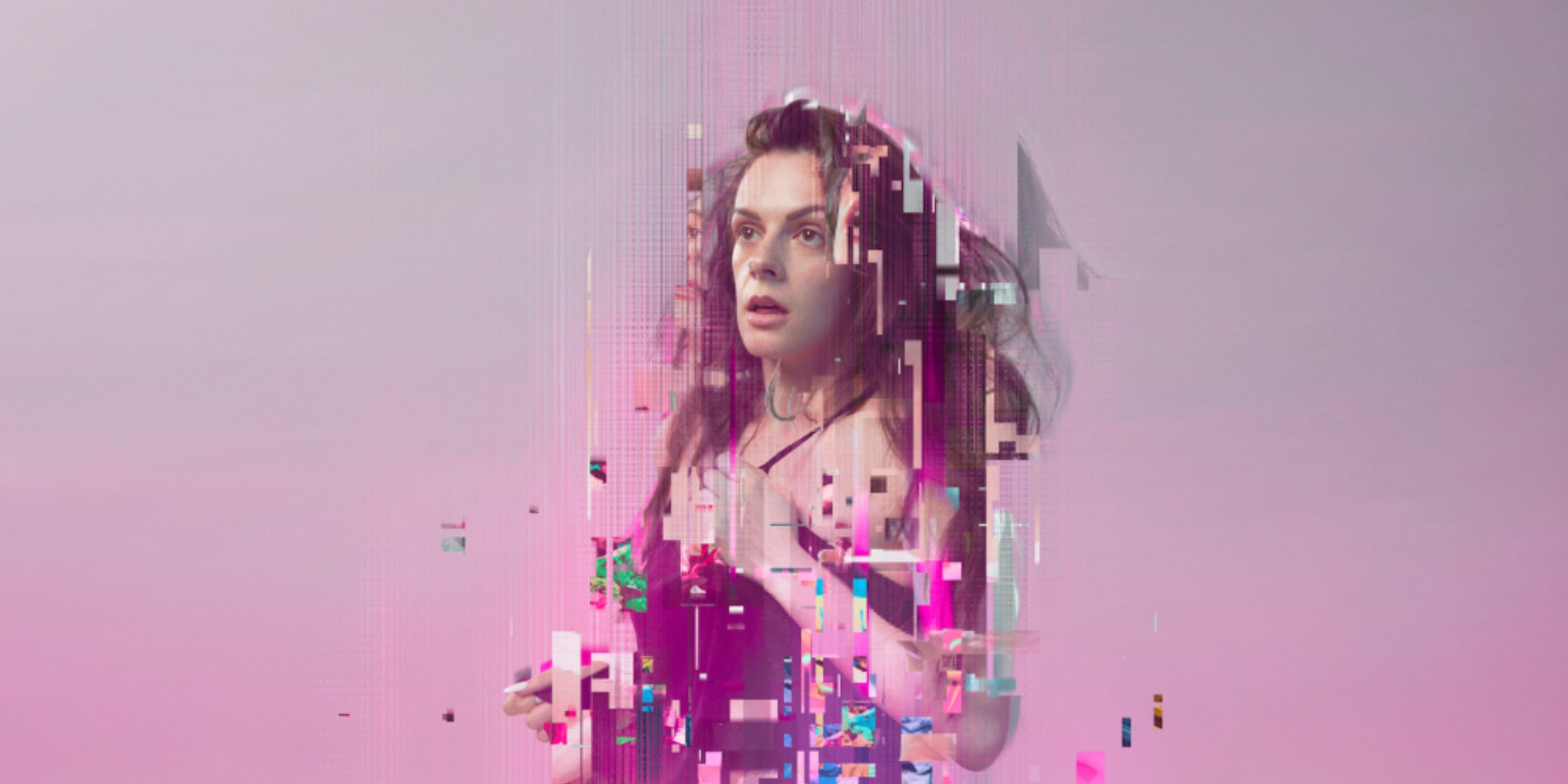 The background is pink, in the centre is an image of a person who is becoming pixelated as if they are glitching.
