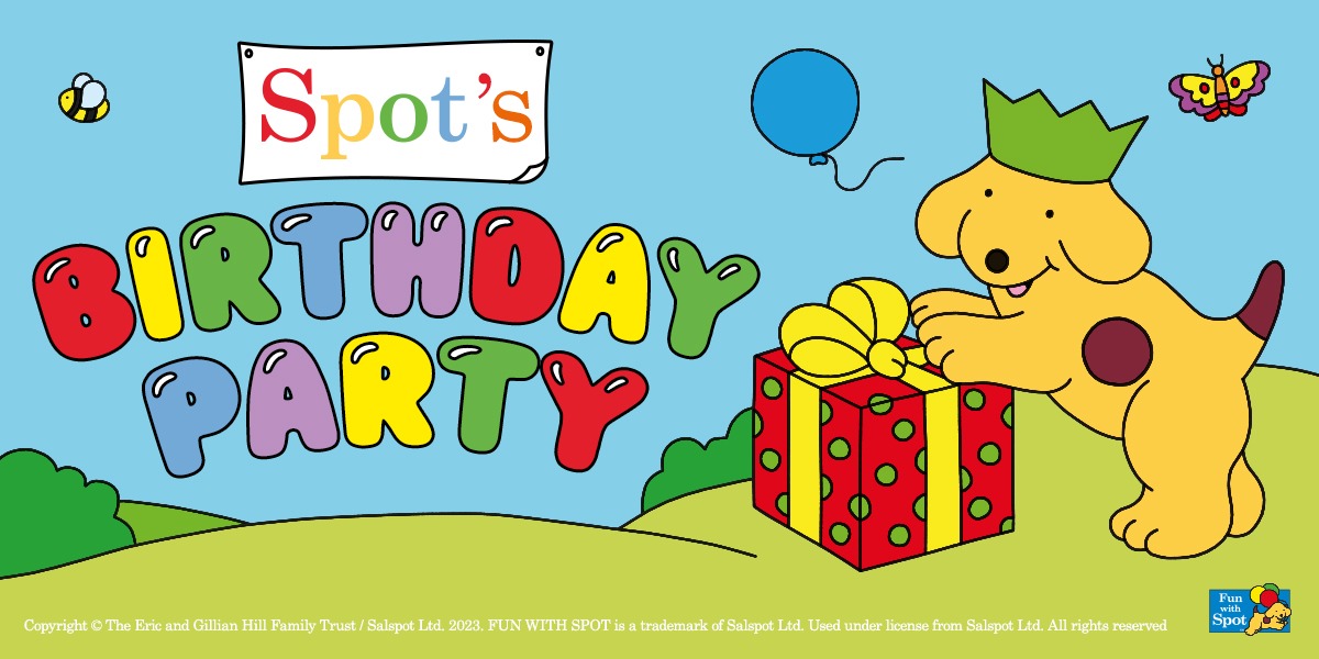 The background is a cartoon image of light green grass against a blue sky. On the left it reads 'Spot's Birthday Party' on the right is an image of Spot wearing a green party hat and is leaning against a red and yellow present.