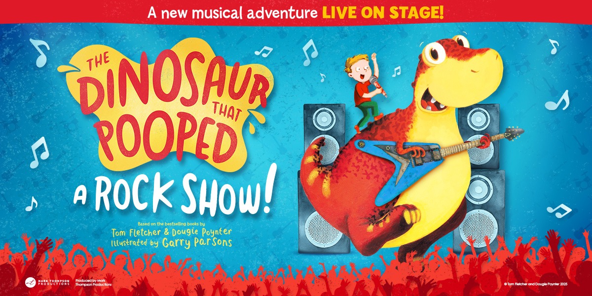 The background is light blue. On the left it reads 'The Dinosaur That Pooped Rock Show' On the right is an image of a Yellow and red dinosaur playing a blue guitar. Standing on the back of the dinosaur is a child wearing a red t-shirt and green trousers who is singing into a microphone.