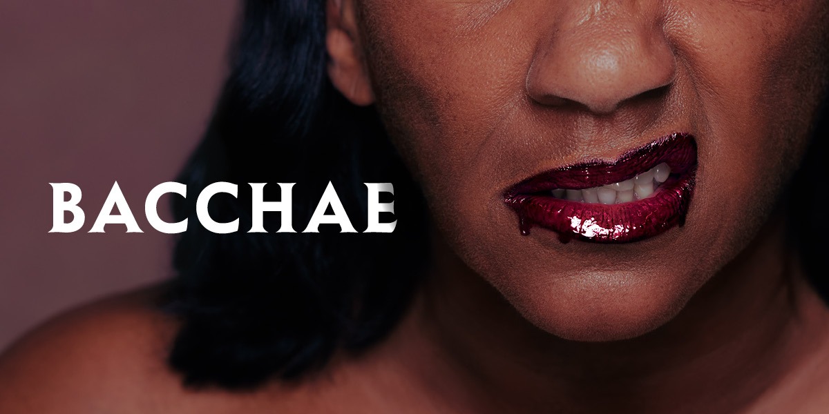 The left side of the image features the bold white text “BACCHAE”. The right side displays a dramatic close-up of a person's face from the nose down to the shoulders. Their lips are painted a deep, glossy crimson, and there's a slight snarl or grimace. Some of the red gloss or substance is smeared and dripping, resembling blood.