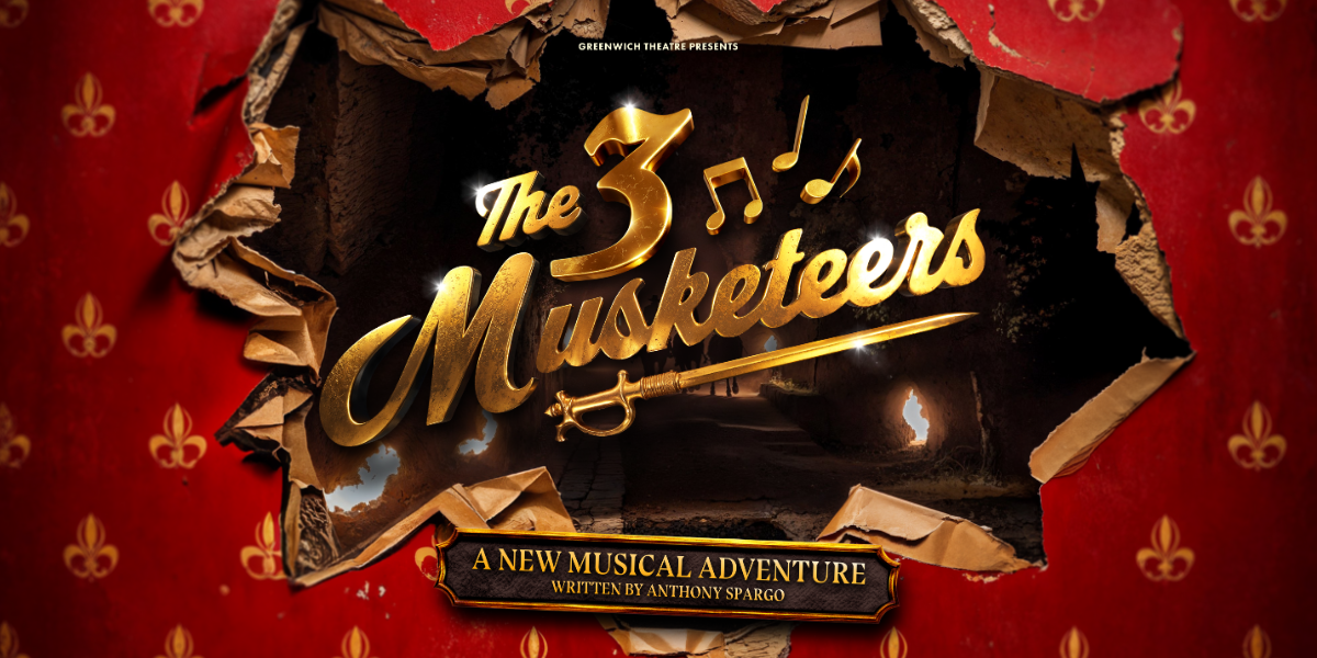 The background is red with gold patterns, it appears to be wallpaper. In the centre is a large hole in the centre with the words 'The Three Musketeers' bursting through it.