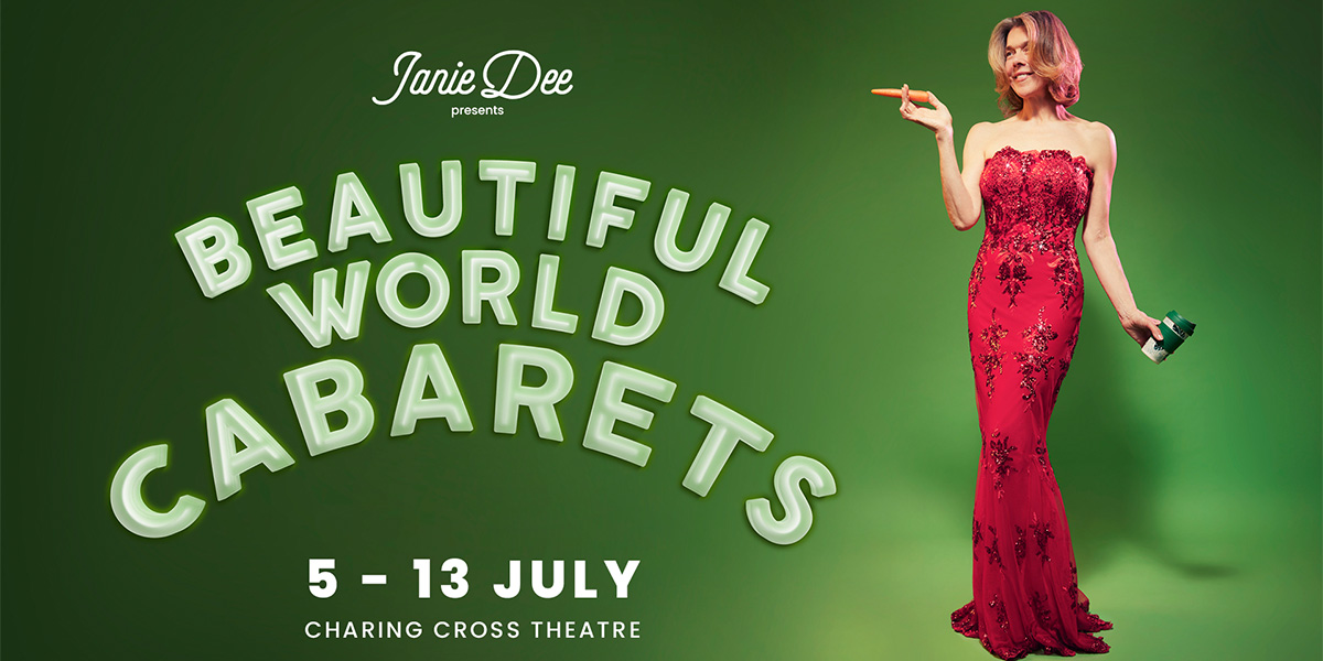 The background is green. On the right is an image of a person with shoulder length, blonde hair wearing a long red dress. On the left in arched white writing it reads 'Beautiful World Cabarets'