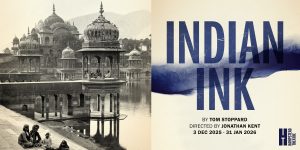 The background is beige. On the left is an image of beautiful Indian buildings. On the right it reads Indian Ink