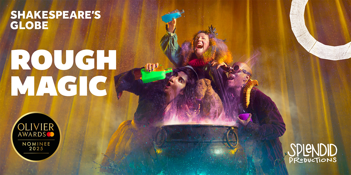 The background is light brown. On the right is an image of three people and a dog surrounding a cauldron. Each person is holding a brightly coloured potion. Smoke is rising from the cauldron.