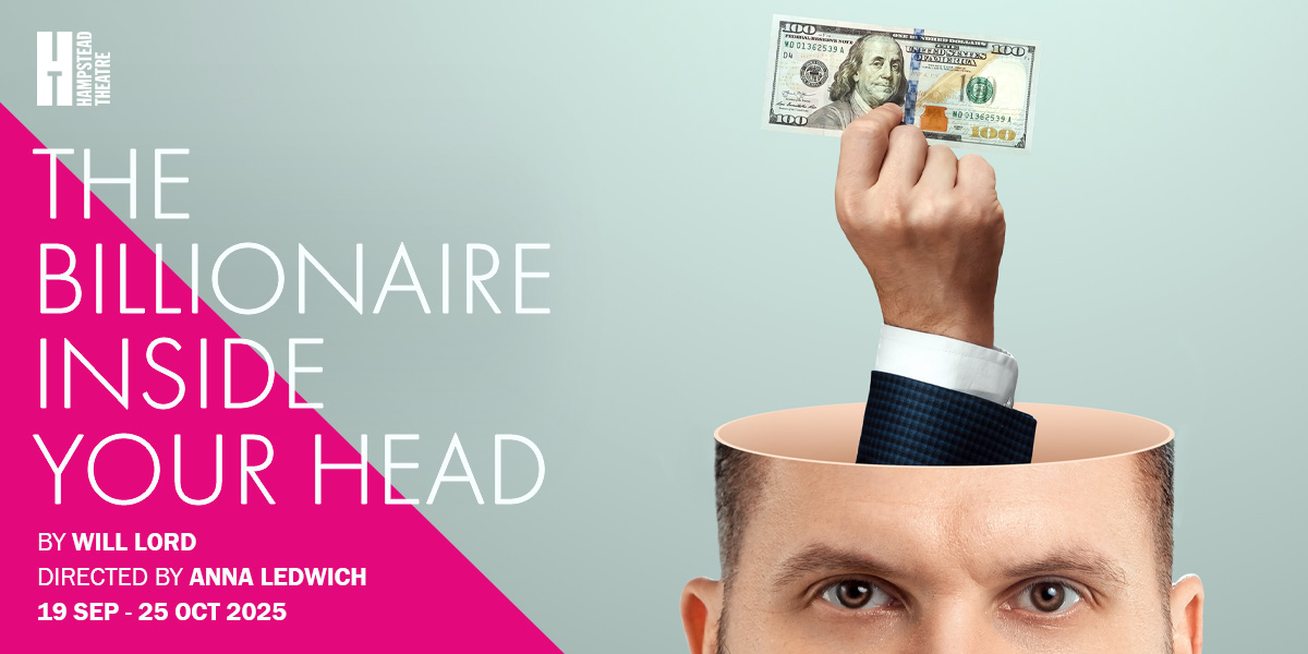 The background is white with a pink horizontal split. On the left it reads 'The Billionaire Inside Your Head' on the right is an image of a person. The top of the persons head is flat and a hand holding a bank note is emerging from the centre.