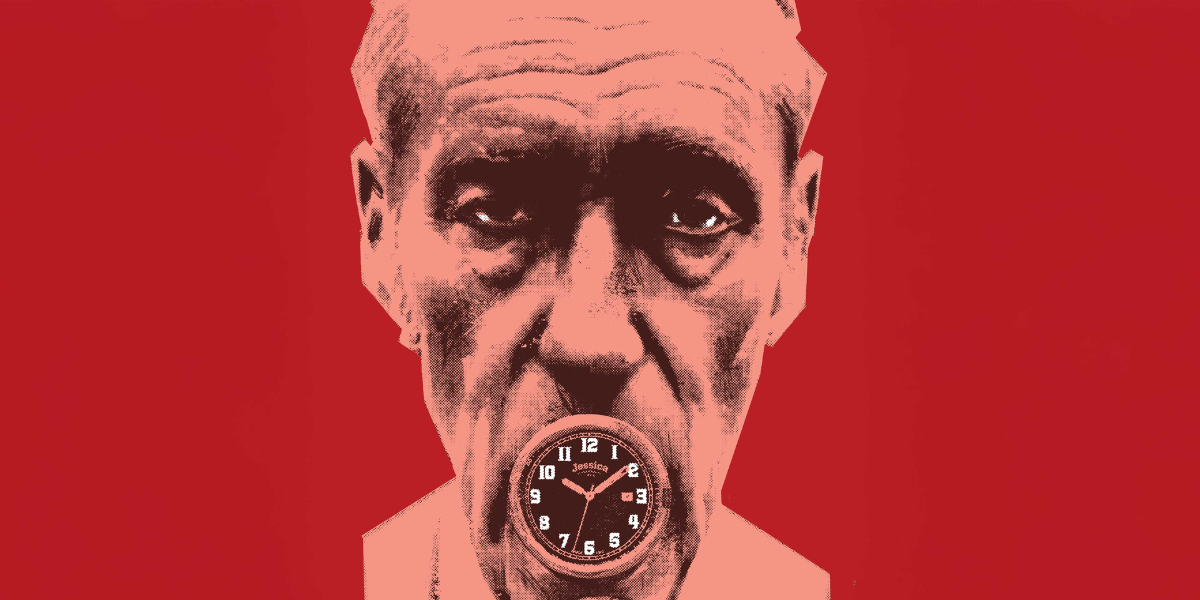 The background is red. A faded image can be seen of a person who has a clock face inside their mouth.