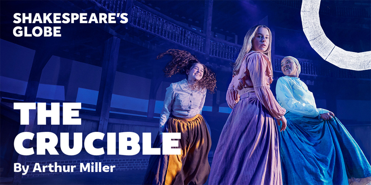 The background is an image of three people. One is wearing a pale pink vintage dress, another a pale blue vinage dress and the third is wearing orange silk, flared trousers. On the left it reads 'The Crucible'