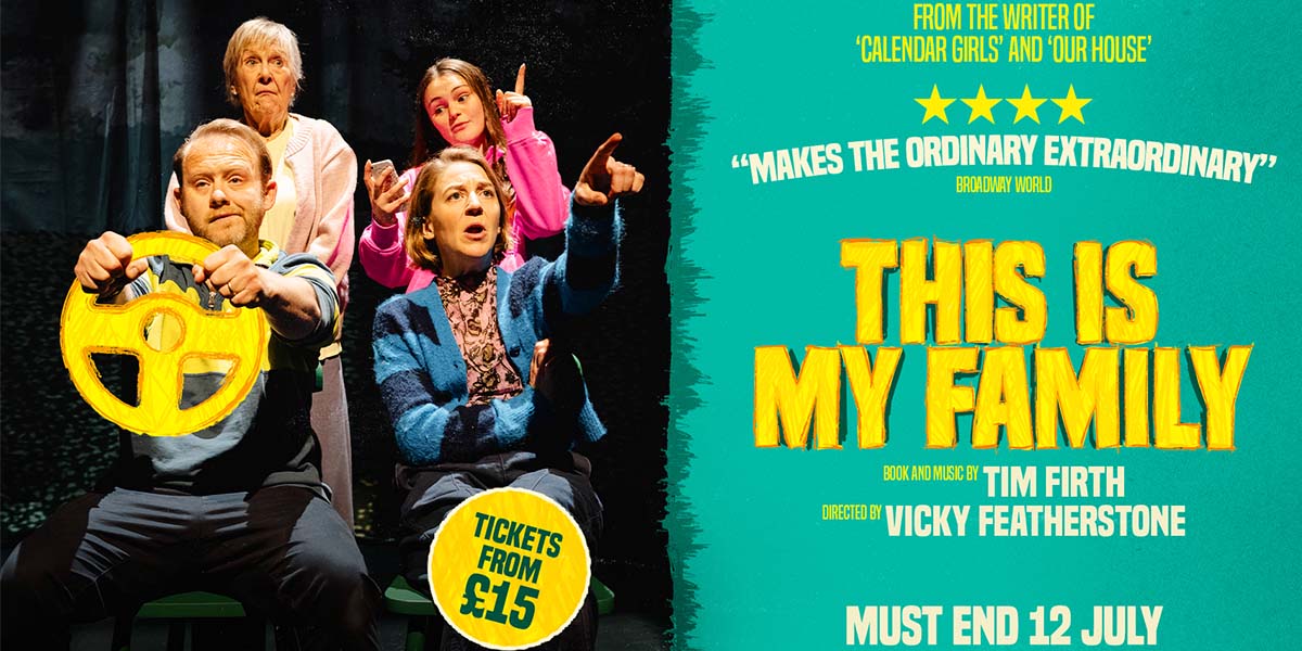 On the left is an image of four people, one is holding a yellow steering wheel pretending to drive a car. On the right is a green background which reads 'This Is My Family' in yellow writing.