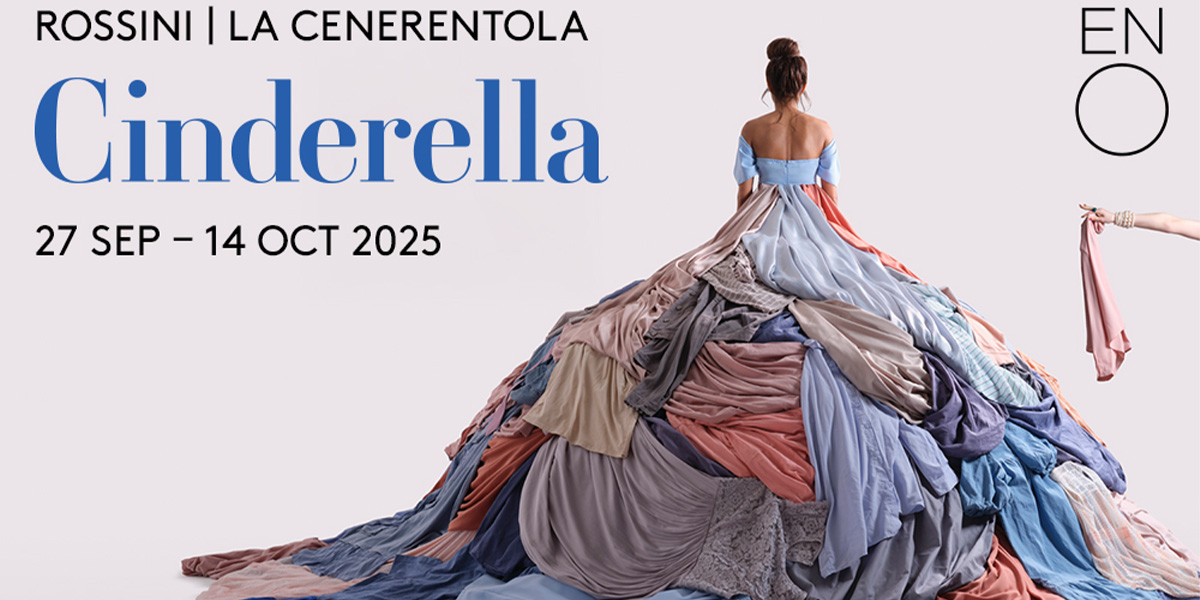 The background is beige. There is an image of a person standing back-to-the-camera, they are wearing a dress made of pale coloured rags. On the left it reads 'Cinderella'