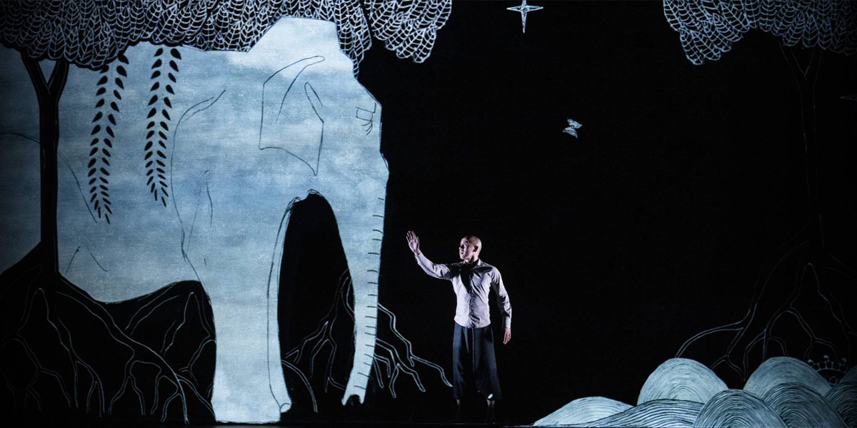 The image shows a person standing on stage wearing black trousers and raising their right arm. They are standing against a black background. On the right is a drawn image of an elephant which the person is facing.