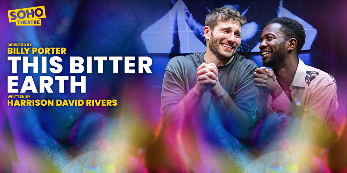 The background is blue with a rainbow coloured hue running across the bottom. On the left it reads 'This Bitter Earth' on the right is an image of two people sitting together in embrace, they are both smiling.