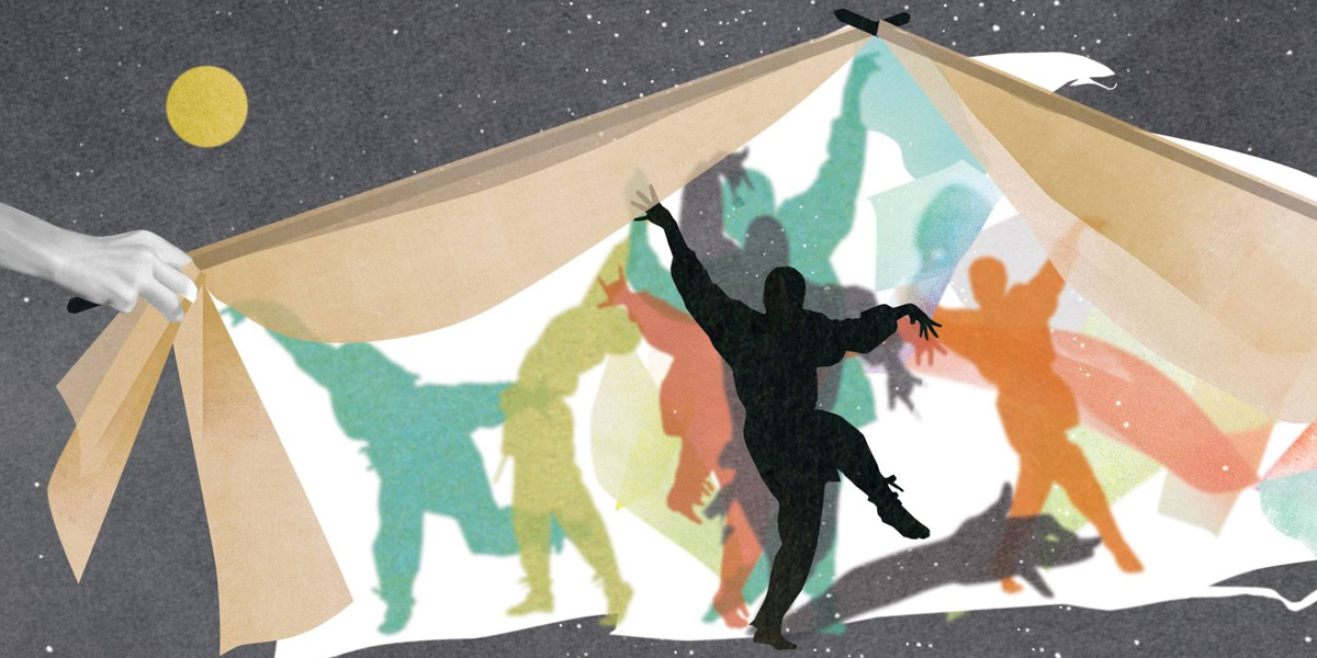 Silhouetted figures dancing energetically under a canopy, depicted in a collage-style illustration with vibrant, multicolored shadows. A hand is pulling back part of the canopy on the left, beneath a stylized yellow sun against a speckled grey background.