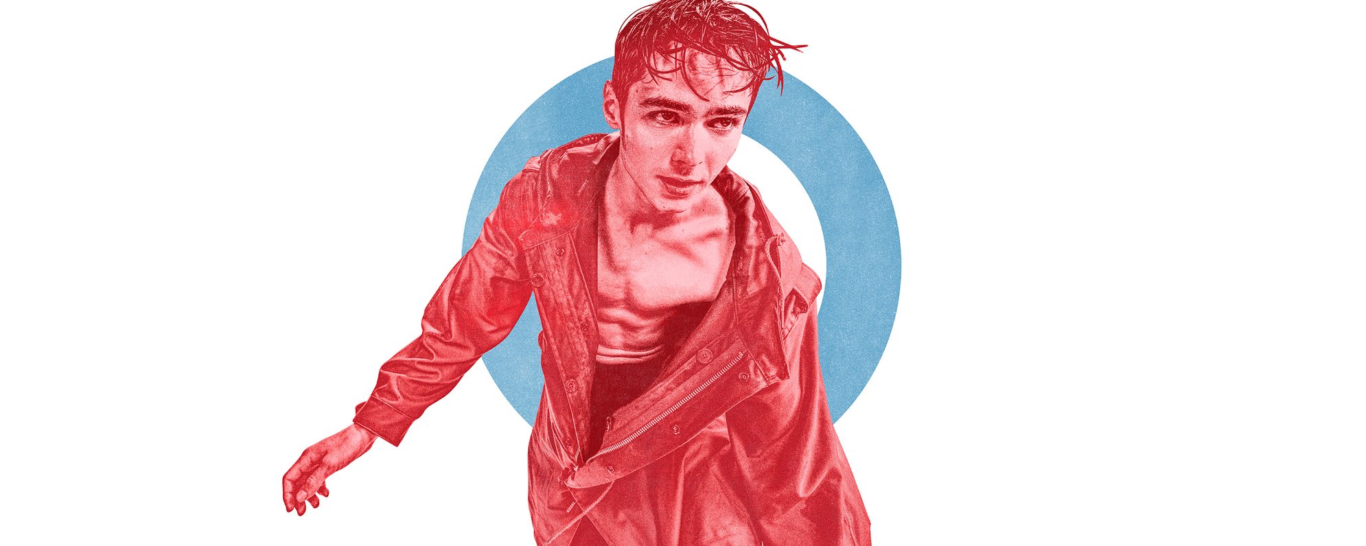 Illustration of a person in a red jacket with a stylized blue circle in the background.