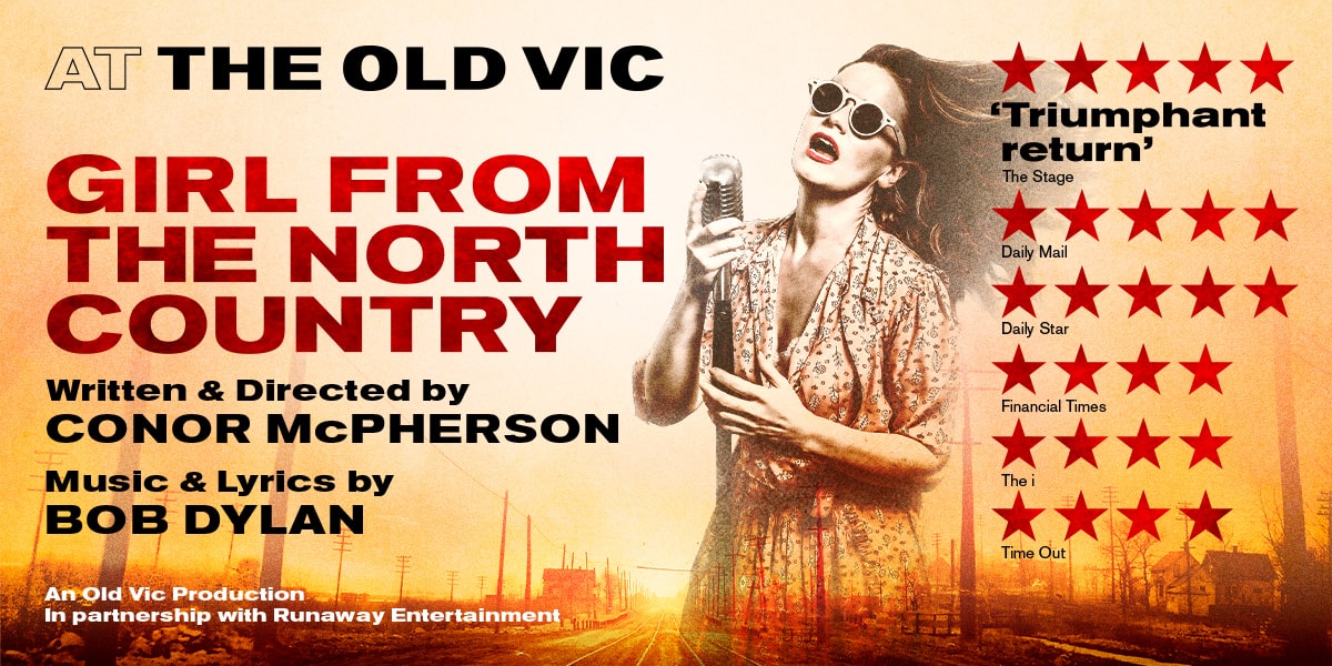 The background shows an image of a person wearing a dress and sunglasses. They have long hair which appears to be blowing in the wind. On the left it reads 'Girl From The North Country'