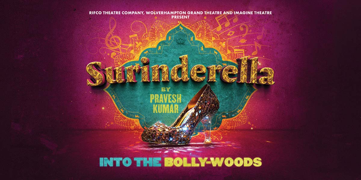 The background is dark pink. In the centre it reads 'Surinderella' in gold letters. underneath the title a jewelled stiletto shoe with a transparent heel can be seen.